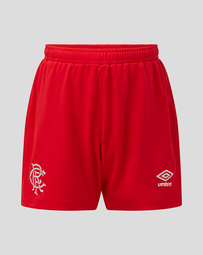 Red Rangers junior away goalkeeper shorts with white Rangers crest on left leg and Umbro logo on right.
