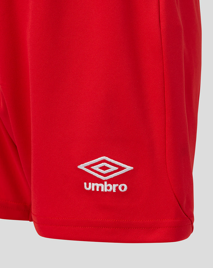 Red Rangers junior away goalkeeper shorts featuring a white Umbro logo on the leg
