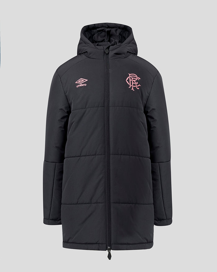 Front view of navy Rangers FC junior training padded jacket with hood and coral branding