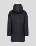 Back view of navy Rangers FC junior training padded jacket with a hood and quilted panels