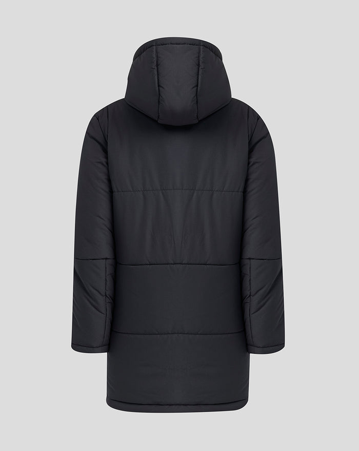 Back view of navy Rangers FC junior training padded jacket with a hood and quilted panels