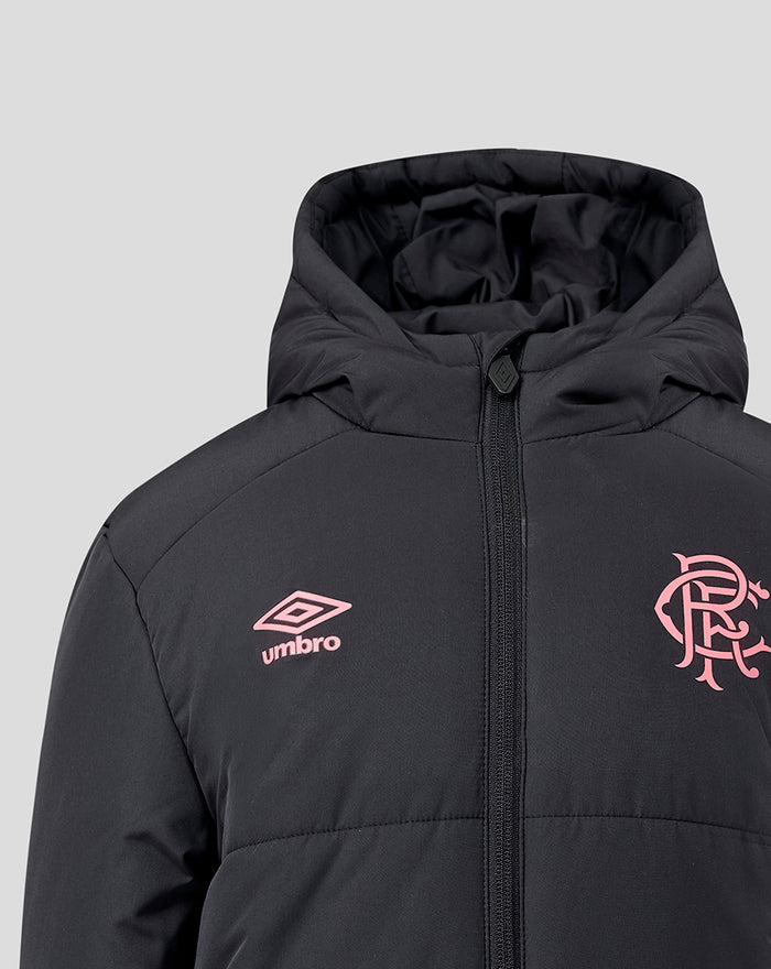 Front chest close up of navy Rangers FC padded jacket with pink Umbro logo and pink crest