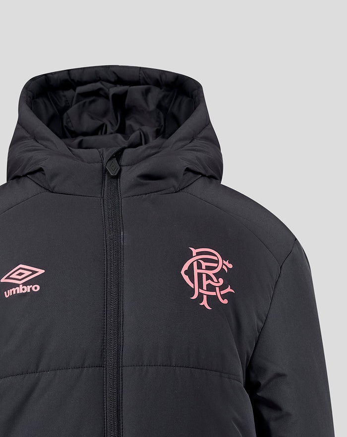 Hooded front view of navy Rangers FC padded jacket with pink crest and Umbro logo on chest