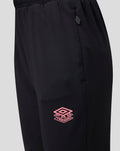 Close-up of navy Rangers junior training pants leg with a pink PRO TRAINING logo and a side zip