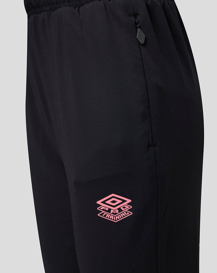 Close-up of navy Rangers junior training pants leg with a pink PRO TRAINING logo and a side zip