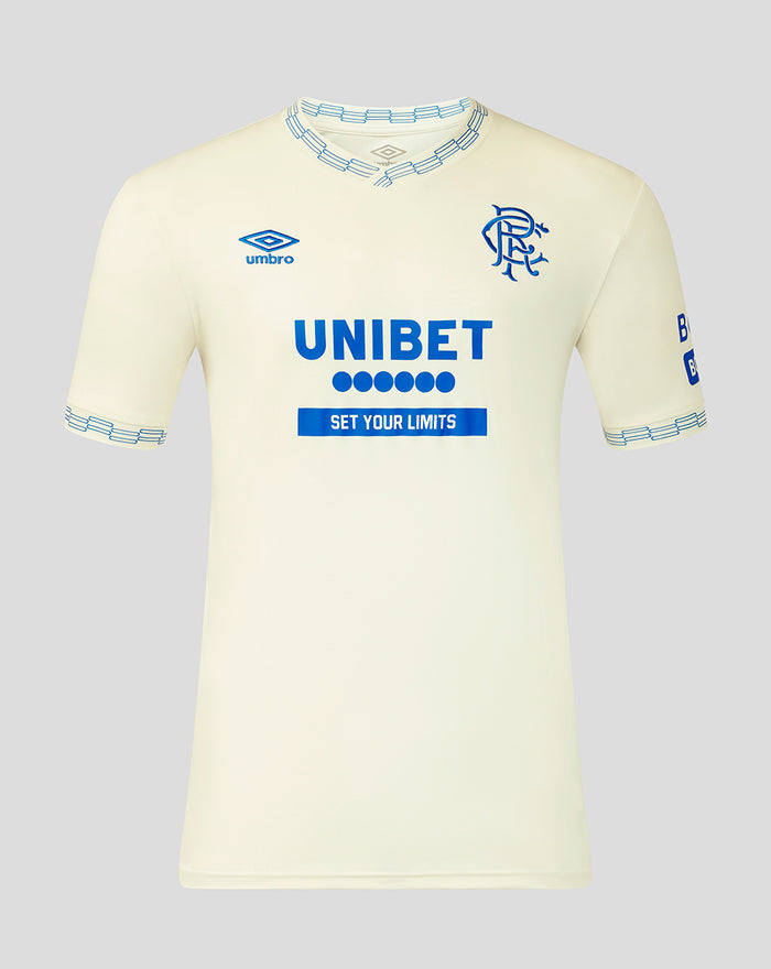 Off white Rangers away shirt with blue crest and Unibet sponsor, featuring a patterned ribbed collar and cuffs.