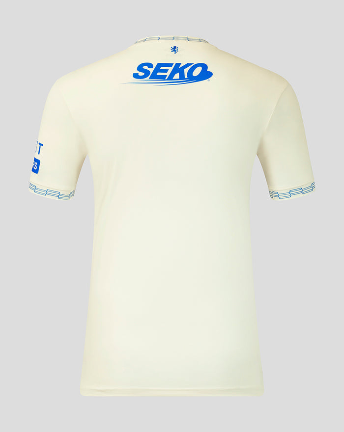 Back view of off white Rangers away shirt with bold SEKO logo across shoulders and a small crest at the neckline.