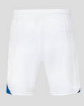 Back view of white Rangers home shorts with elastic waistband and blue trim at the hems