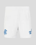 Back view of Rangers FC men's 2026/27 home pro shorts in white with crest on the left leg and Umbro logo on the right