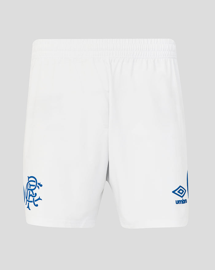 Back view of Rangers FC men's 2026/27 home pro shorts in white with crest on the left leg and Umbro logo on the right