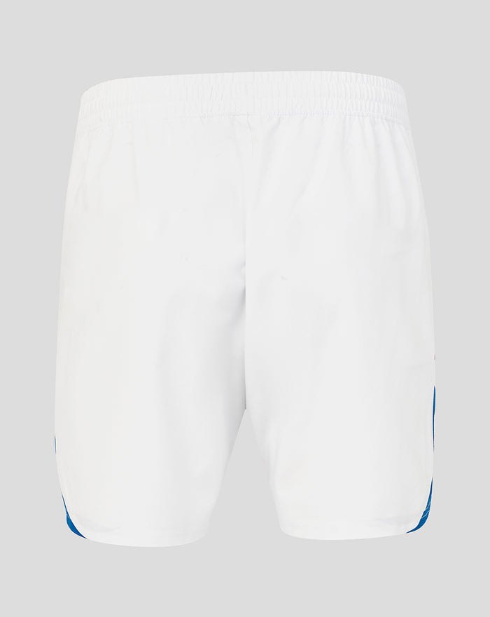 Rear view of white Rangers FC home pro shorts showing crest on the left leg and Umbro logo on the right