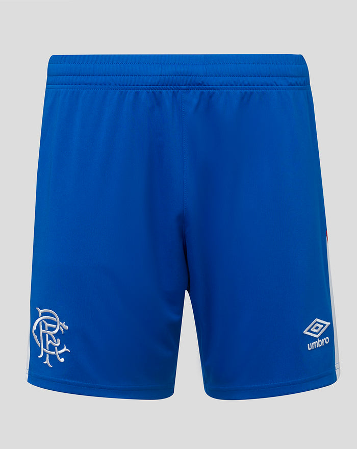 Rear view of blue Rangers FC shorts with crest on left leg and Umbro logo on right.