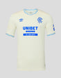 Off-white Rangers away pro shirt with blue detailing, ribbed V-neck collar and UNIBET across the chest