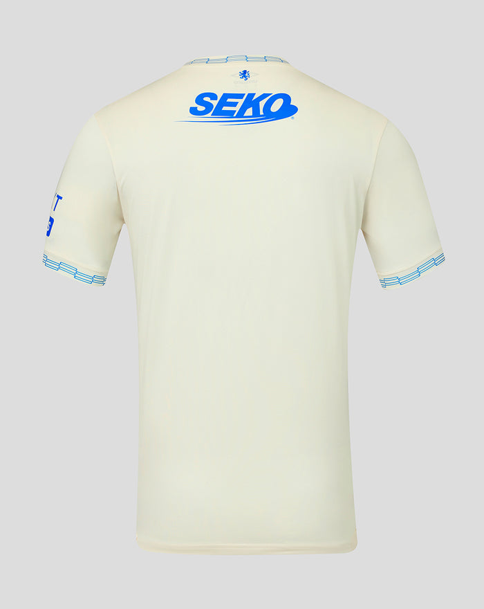 Back view of off white Rangers away pro shirt with blue SEKO logo across the upper back
