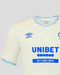 Front view of off white Rangers away pro shirt featuring blue UNIBET sponsor and blue Umbro logo with a patterned ribbed collar