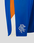 Blue Rangers away shorts with orange side panel and white trim, featuring the Rangers crest on the right leg