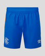 Front view of blue Rangers away pro shorts with crest on the left leg and Umbro logo on the right, with orange side stripes.