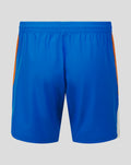 Back view of royal blue Rangers away pro shorts with an orange side stripe and white hem panel.