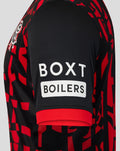 Shoulder and sleeve view of the Rangers third shirt showing red graphic pattern and BOX BOILERS sponsor on black fabric