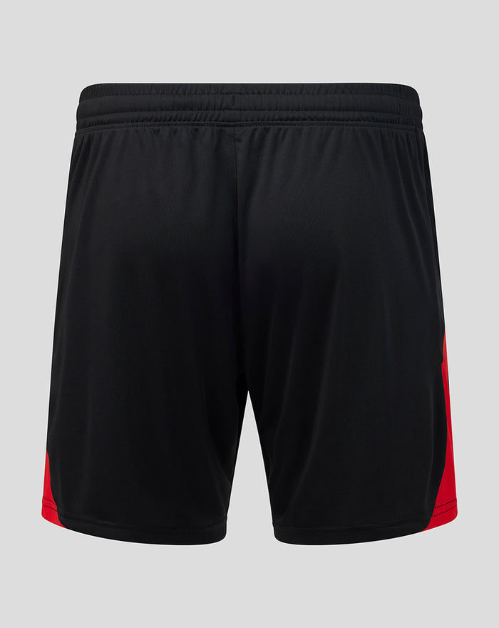 Back view of black Rangers FC men's 2026/27 third shorts with an elastic waistband and red side panels.