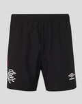 Front view of black Rangers FC men's 2026/27 third pro shorts with white club crest on left leg and Umbro logo on right leg