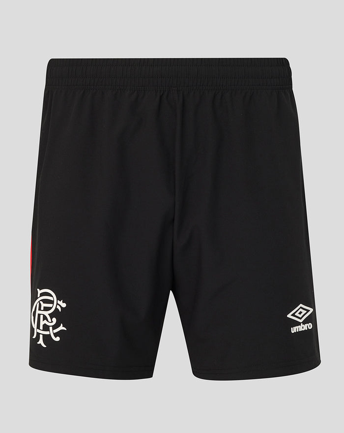 Front view of black Rangers FC men's 2026/27 third pro shorts with white club crest on left leg and Umbro logo on right leg