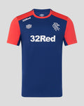 Rangers FC pro training t shirt twilight blue with coral sleeves and large white 32Red sponsor logo on chest