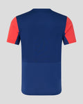 Back view of twilight blue Rangers FC training T-shirt with red sleeves and curved hem.