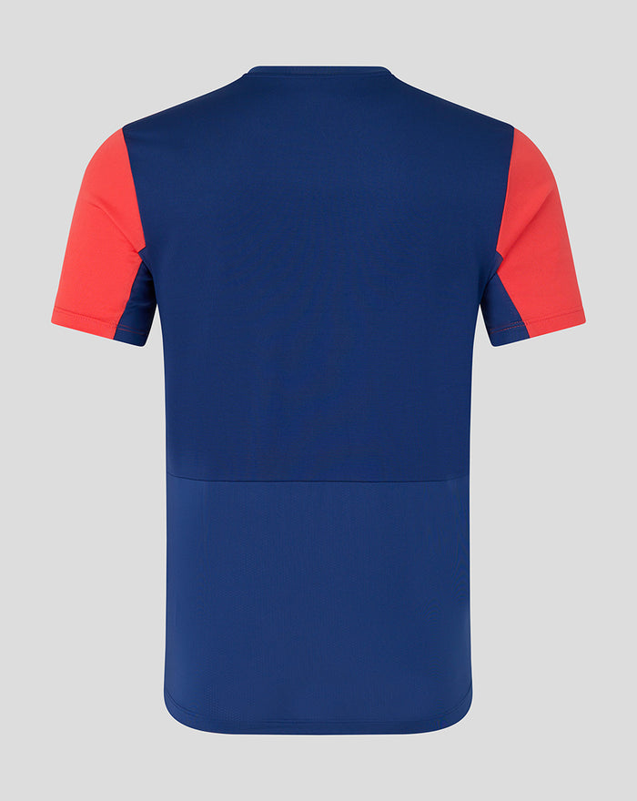 Back view of twilight blue Rangers FC training T-shirt with red sleeves and curved hem.