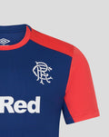 Front view of Rangers FC training T-shirt Twilight Blue with crest on the left chest and partial 32Red sponsor.