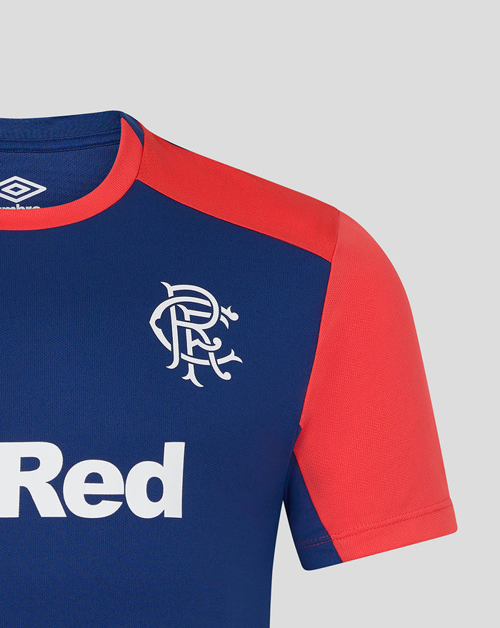 Front view of Rangers FC training T-shirt Twilight Blue with crest on the left chest and partial 32Red sponsor.