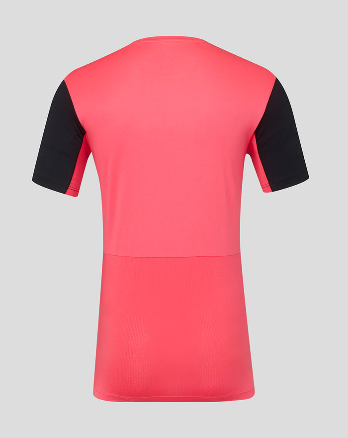 Back view of calypso coral Rangers FC training T-shirt with black sleeves.