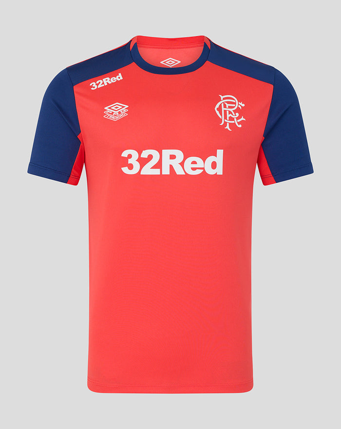 Front view of Rangers FC mens 2026/27 pro training T shirt in cayenne red with blue sleeves and large 32Red sponsor logo