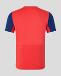 Back view of Rangers FC pro training t shirt in cayenne red with blue sleeves
