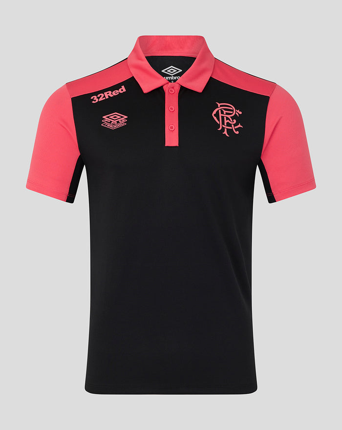 Rangers FC mens 2026/27 pro training polo in navy with coral shoulders and crest on the left chest