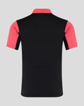 Back view of Rangers FC mens pro training polo in navy with coral sleeves and coral collar