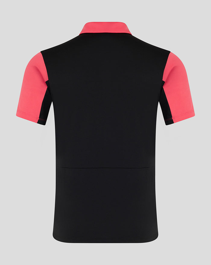 Back view of Rangers FC mens pro training polo in navy with coral sleeves and coral collar