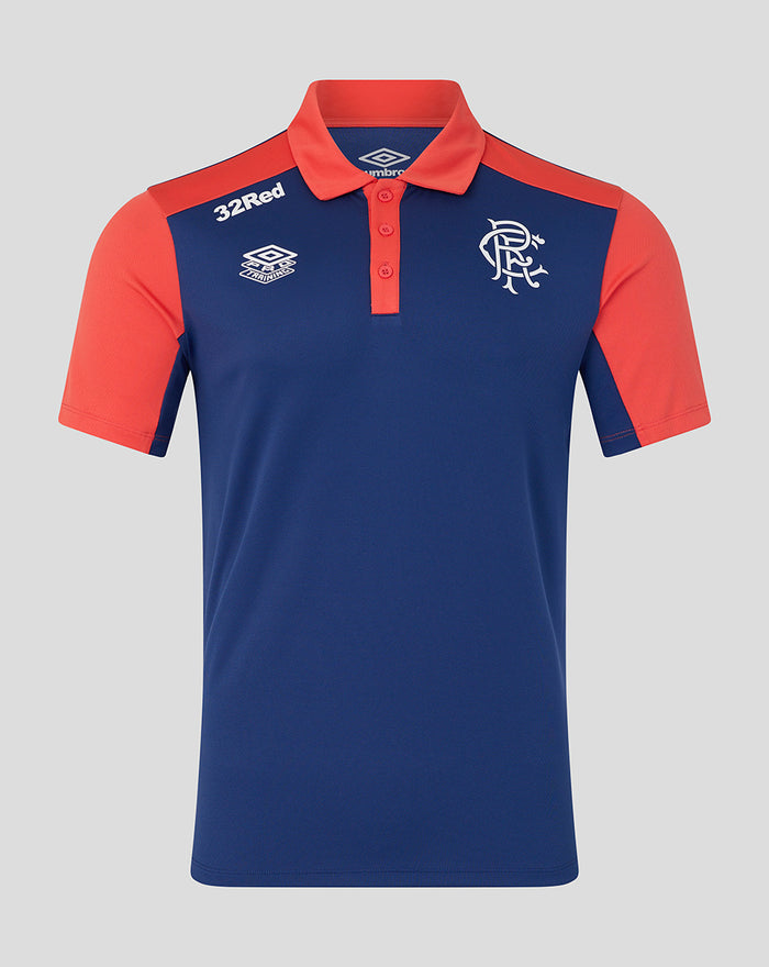 Twilight blue Rangers FC pro training polo with coral shoulders and sleeves and crest on the chest.