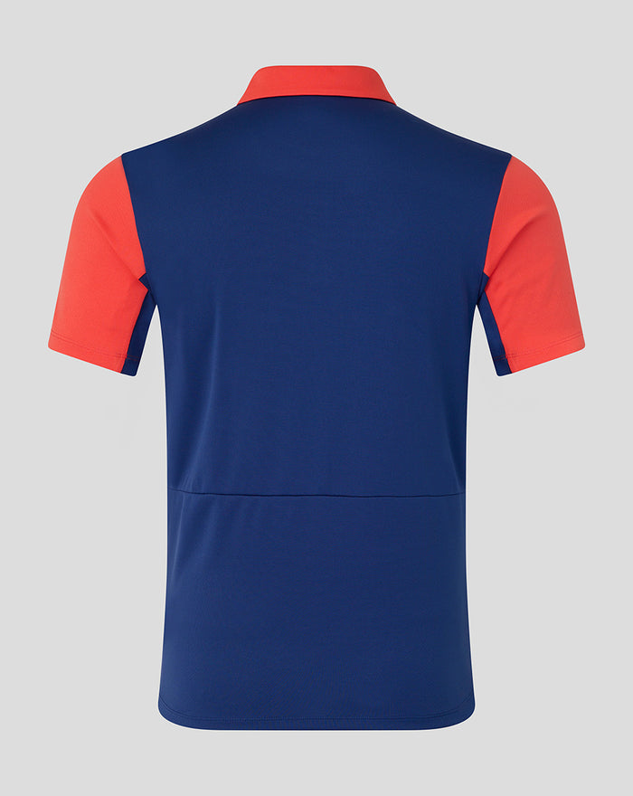 Back view of Rangers FC pro training polo twilight blue with coral sleeves