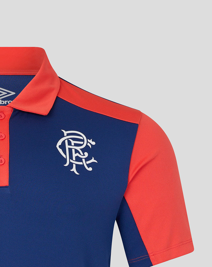 Rangers FC mens 2026/27 pro training polo twilight blue with coral shoulders and white crest on chest