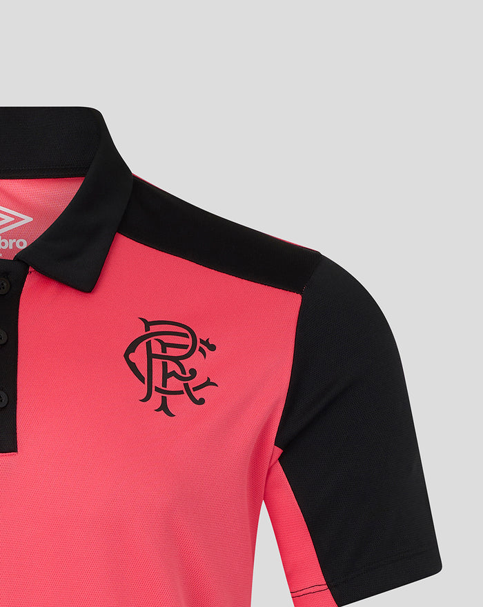 Rangers FC men's pro training polo in calypso coral with navy sleeves and crest on the chest
