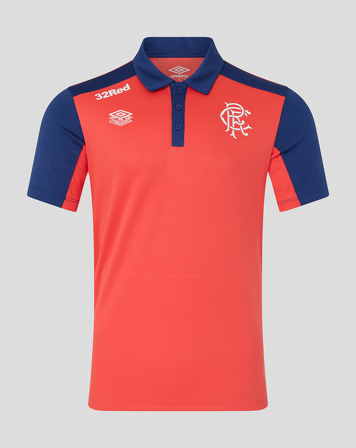 Rangers FC men's 2026/27 Pro Training polo in cayenne red with blue shoulders and left chest crest
