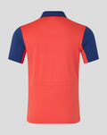 Back view of Rangers FC Mens Pro Training polo in cayenne red with blue sleeves.