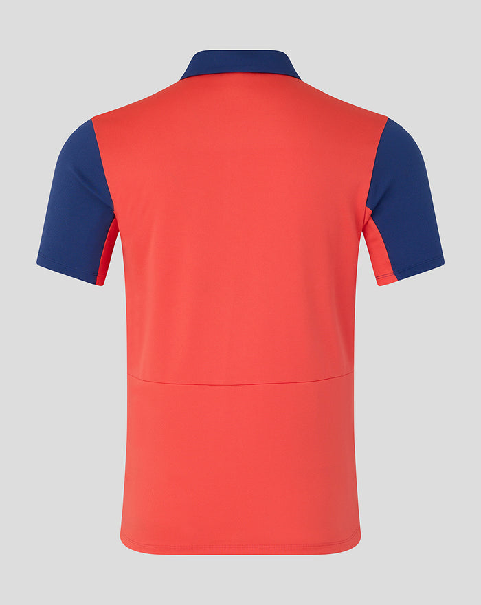 Back view of Rangers FC Mens Pro Training polo in cayenne red with blue sleeves.