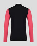 Back view of Rangers FC men's 2026/27 pro training quarter zip with black body and coral pink sleeves
