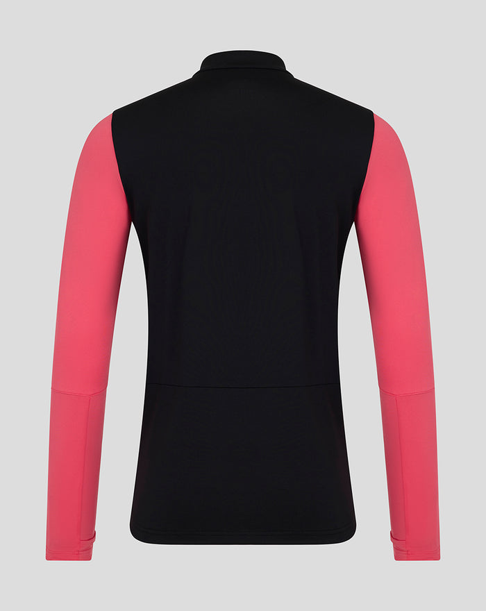 Back view of Rangers FC men's 2026/27 pro training quarter zip with black body and coral pink sleeves