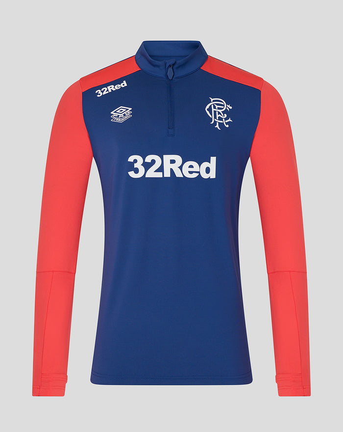 Rangers FC training quarter zip top in twilight blue with coral sleeves and sponsor logos