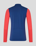 Back view of twilight blue Rangers training quarter zip with bold red sleeves.