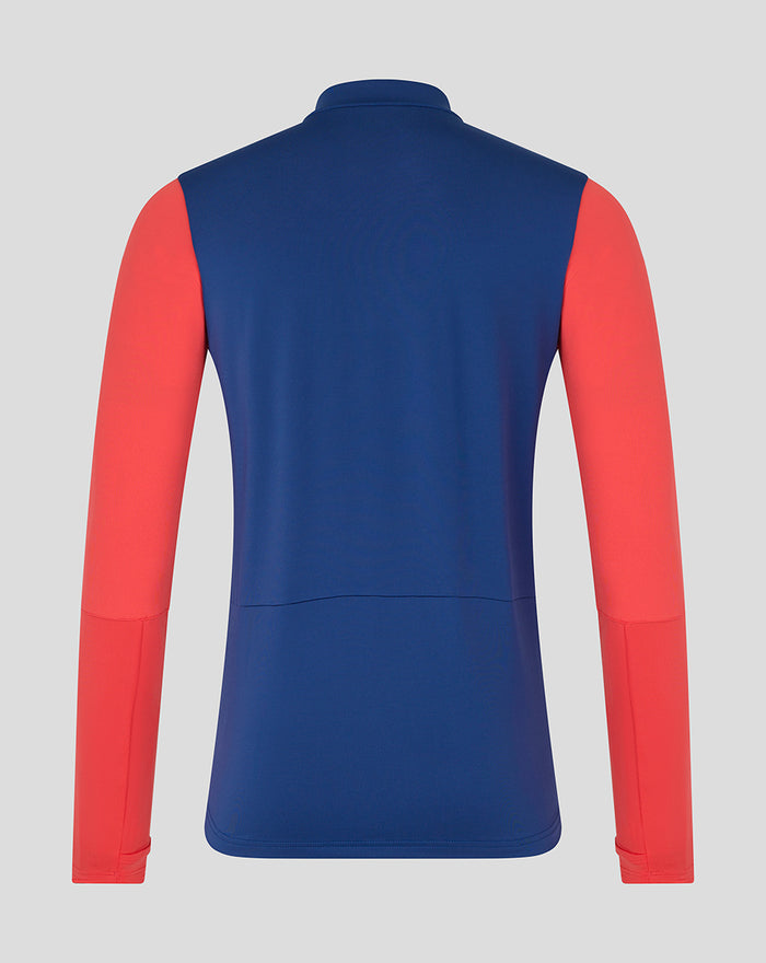 Back view of twilight blue Rangers training quarter zip with bold red sleeves.