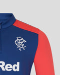 Twilight blue Rangers training quarter zip with red sleeves showcasing the club crest and sponsor logo.